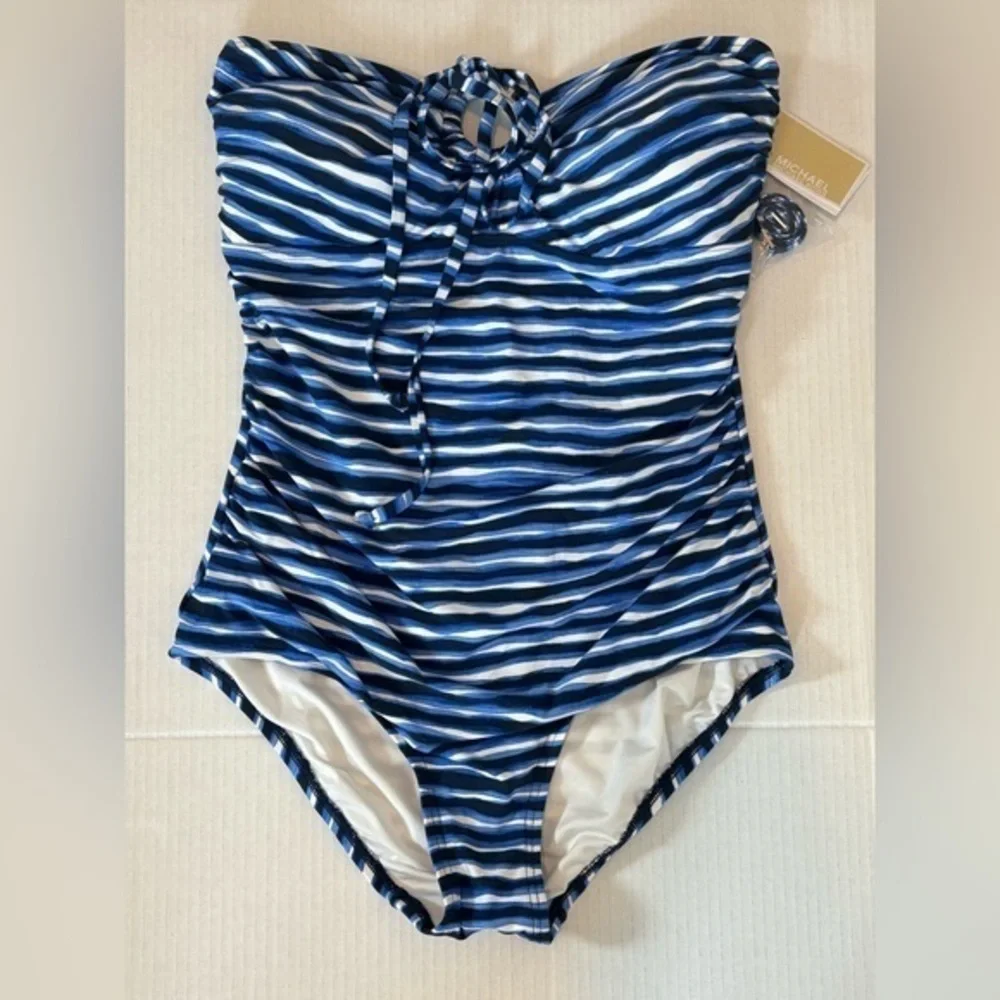 Michael Kors Striped Logo-ring Halter 1pc Swimsuit Blue/ White NWT Size 10